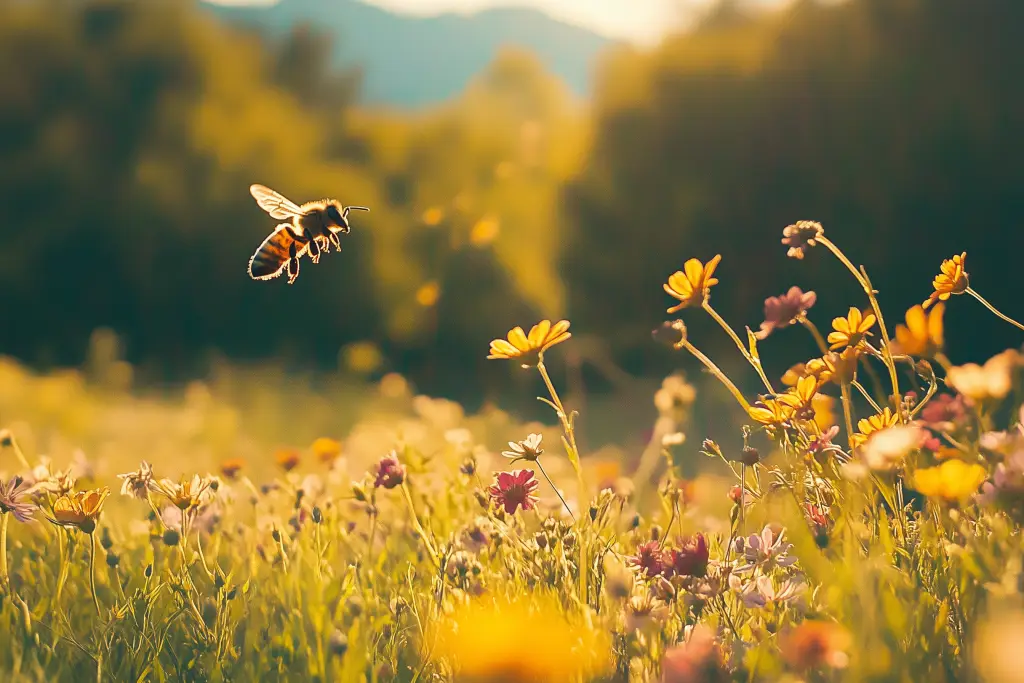 Une abeille survole une prairie de fleurs variées