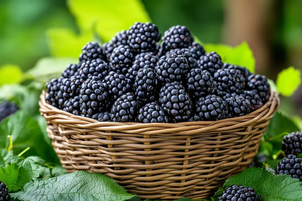Mûres dans un panier de récolte en osier