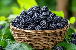Mûres dans un panier de récolte en osier